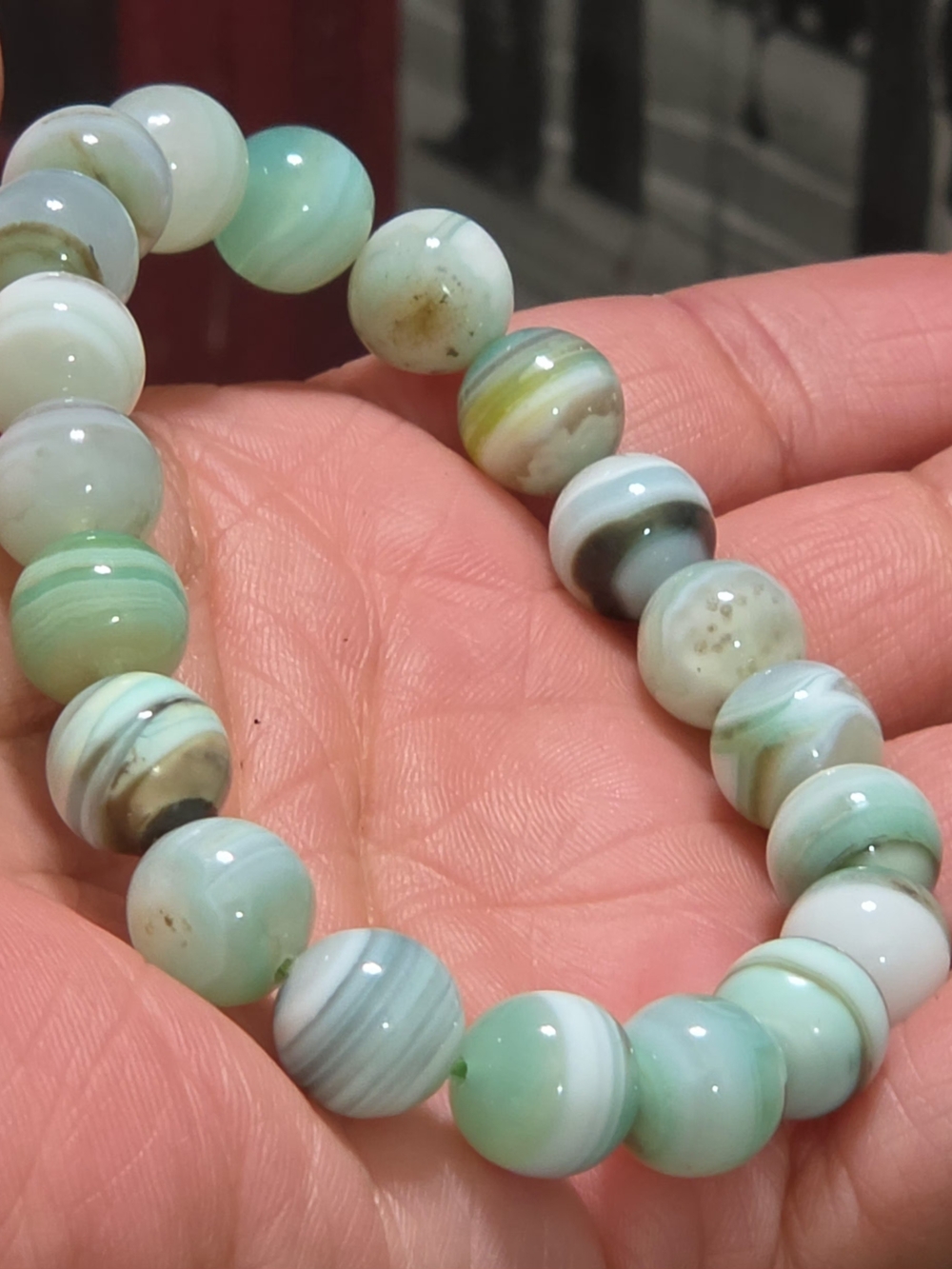 10.3mm Green Banded Agate Beaded Bracelet 6.5" Wrist